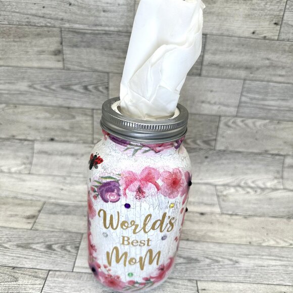 Handmade Decoupage Large Mason Jar Tissue Holder "World's Best Mom" - Picture 5 of 7
